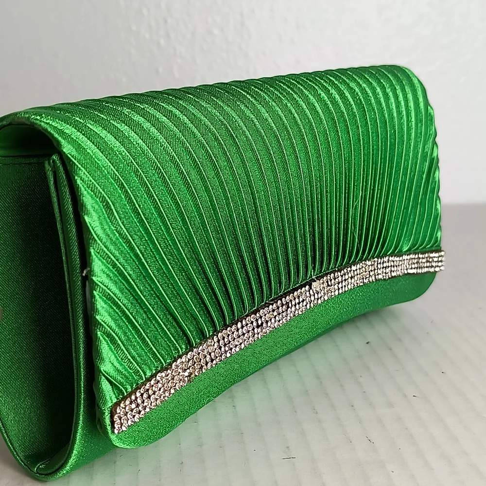 Green Shimmering Satin Evening Clutch Bag Pleated Snap Closure Faux Rhinestone
